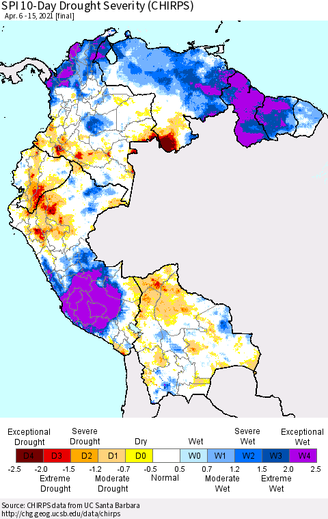 Northern South America SPI 10-Day Drought Severity (CHIRPS) Thematic Map For 4/6/2021 - 4/15/2021