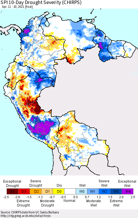 Northern South America SPI 10-Day Drought Severity (CHIRPS) Thematic Map For 4/11/2021 - 4/20/2021
