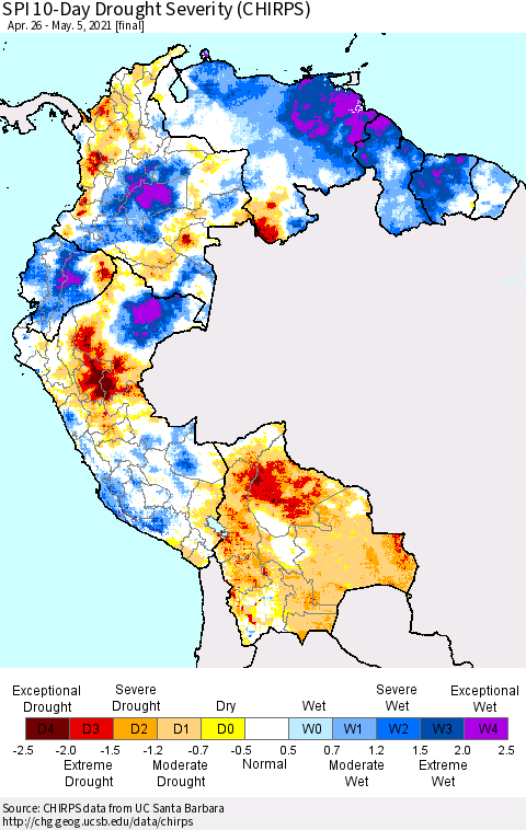 Northern South America SPI 10-Day Drought Severity (CHIRPS) Thematic Map For 4/26/2021 - 5/5/2021