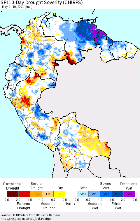 Northern South America SPI 10-Day Drought Severity (CHIRPS) Thematic Map For 5/1/2021 - 5/10/2021