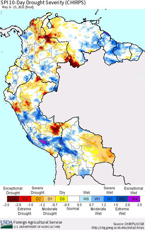 Northern South America SPI 10-Day Drought Severity (CHIRPS) Thematic Map For 5/6/2021 - 5/15/2021
