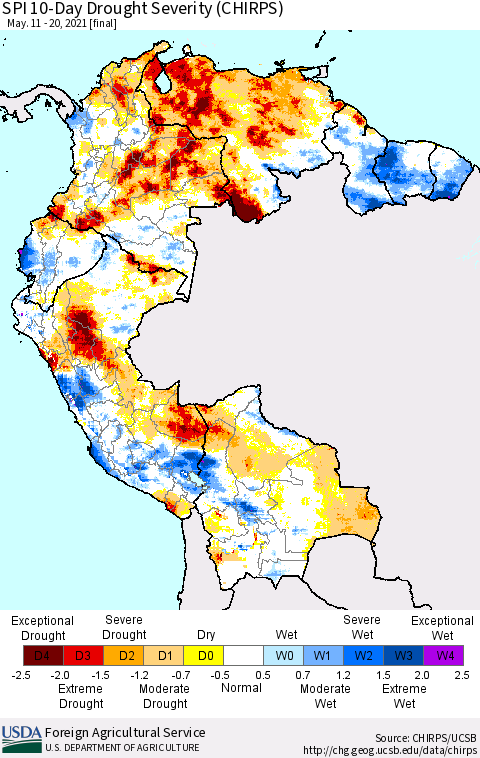 Northern South America SPI 10-Day Drought Severity (CHIRPS) Thematic Map For 5/11/2021 - 5/20/2021