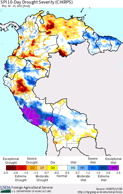 Northern South America SPI 10-Day Drought Severity (CHIRPS) Thematic Map For 5/16/2021 - 5/25/2021