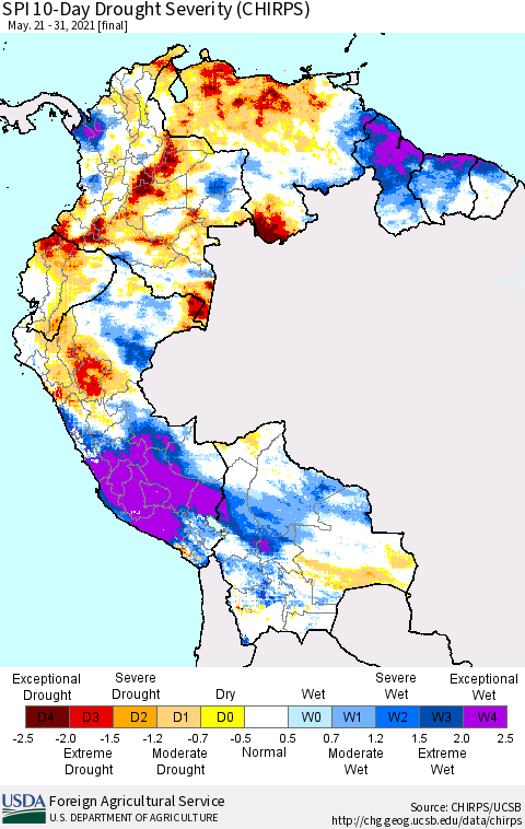 Northern South America SPI 10-Day Drought Severity (CHIRPS) Thematic Map For 5/21/2021 - 5/31/2021