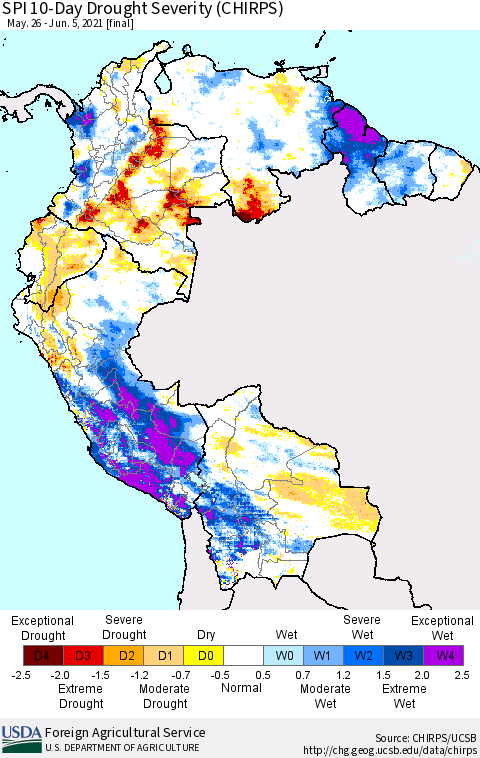 Northern South America SPI 10-Day Drought Severity (CHIRPS) Thematic Map For 5/26/2021 - 6/5/2021