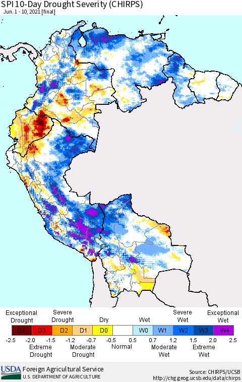 Northern South America SPI 10-Day Drought Severity (CHIRPS) Thematic Map For 6/1/2021 - 6/10/2021