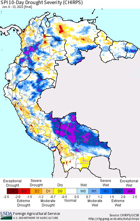 Northern South America SPI 10-Day Drought Severity (CHIRPS) Thematic Map For 6/6/2021 - 6/15/2021