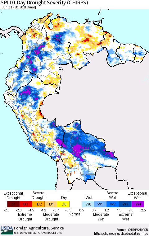 Northern South America SPI 10-Day Drought Severity (CHIRPS) Thematic Map For 6/11/2021 - 6/20/2021