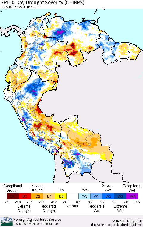 Northern South America SPI 10-Day Drought Severity (CHIRPS) Thematic Map For 6/16/2021 - 6/25/2021