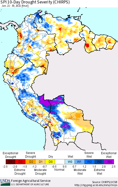 Northern South America SPI 10-Day Drought Severity (CHIRPS) Thematic Map For 6/21/2021 - 6/30/2021
