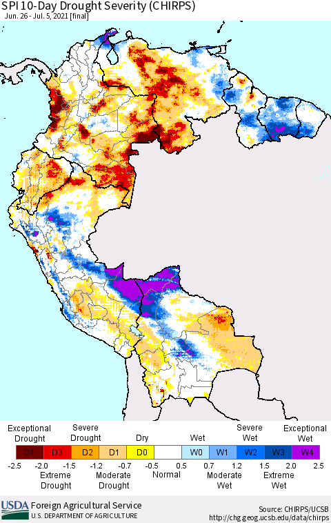 Northern South America SPI 10-Day Drought Severity (CHIRPS) Thematic Map For 6/26/2021 - 7/5/2021