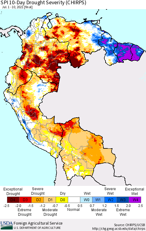 Northern South America SPI 10-Day Drought Severity (CHIRPS) Thematic Map For 7/1/2021 - 7/10/2021