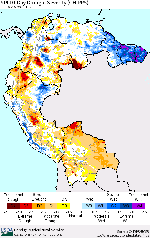 Northern South America SPI 10-Day Drought Severity (CHIRPS) Thematic Map For 7/6/2021 - 7/15/2021