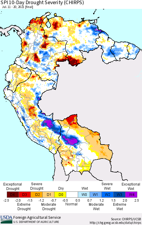 Northern South America SPI 10-Day Drought Severity (CHIRPS) Thematic Map For 7/11/2021 - 7/20/2021