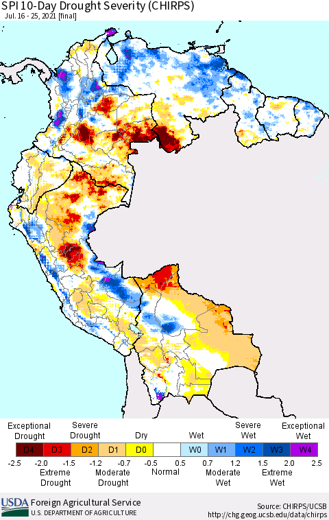 Northern South America SPI 10-Day Drought Severity (CHIRPS) Thematic Map For 7/16/2021 - 7/25/2021