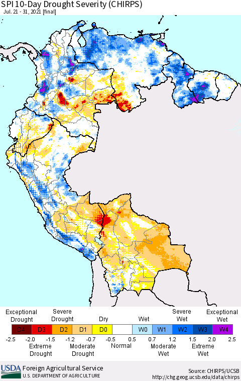 Northern South America SPI 10-Day Drought Severity (CHIRPS) Thematic Map For 7/21/2021 - 7/31/2021