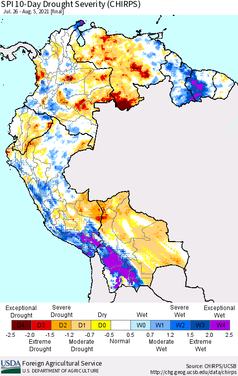 Northern South America SPI 10-Day Drought Severity (CHIRPS) Thematic Map For 7/26/2021 - 8/5/2021
