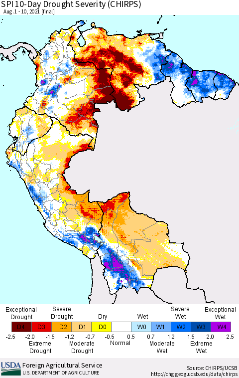 Northern South America SPI 10-Day Drought Severity (CHIRPS) Thematic Map For 8/1/2021 - 8/10/2021