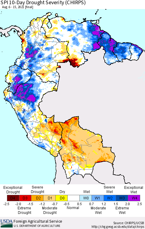 Northern South America SPI 10-Day Drought Severity (CHIRPS) Thematic Map For 8/6/2021 - 8/15/2021