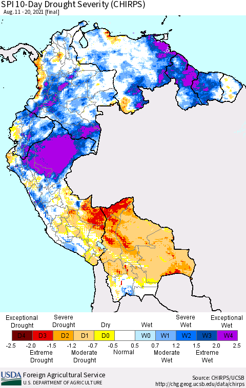 Northern South America SPI 10-Day Drought Severity (CHIRPS) Thematic Map For 8/11/2021 - 8/20/2021