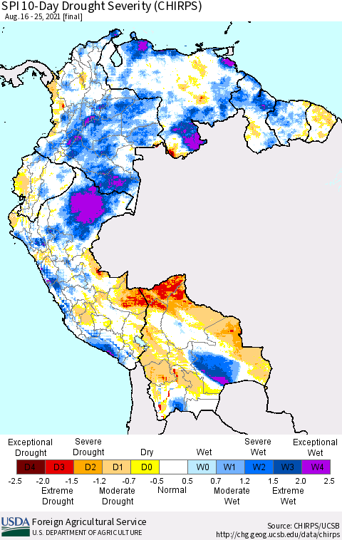 Northern South America SPI 10-Day Drought Severity (CHIRPS) Thematic Map For 8/16/2021 - 8/25/2021