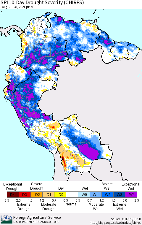 Northern South America SPI 10-Day Drought Severity (CHIRPS) Thematic Map For 8/21/2021 - 8/31/2021