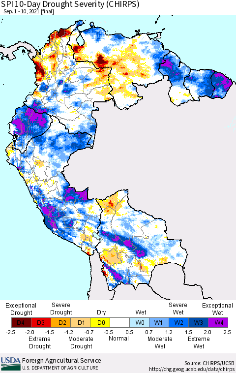 Northern South America SPI 10-Day Drought Severity (CHIRPS) Thematic Map For 9/1/2021 - 9/10/2021