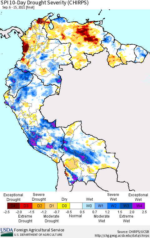 Northern South America SPI 10-Day Drought Severity (CHIRPS) Thematic Map For 9/6/2021 - 9/15/2021