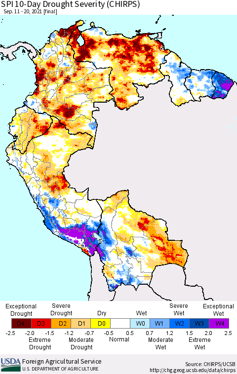 Northern South America SPI 10-Day Drought Severity (CHIRPS) Thematic Map For 9/11/2021 - 9/20/2021