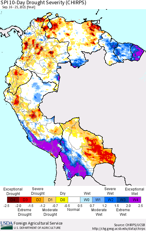 Northern South America SPI 10-Day Drought Severity (CHIRPS) Thematic Map For 9/16/2021 - 9/25/2021