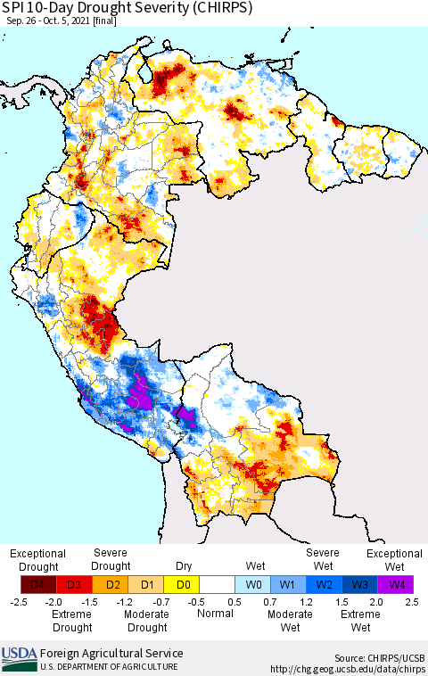 Northern South America SPI 10-Day Drought Severity (CHIRPS) Thematic Map For 9/26/2021 - 10/5/2021