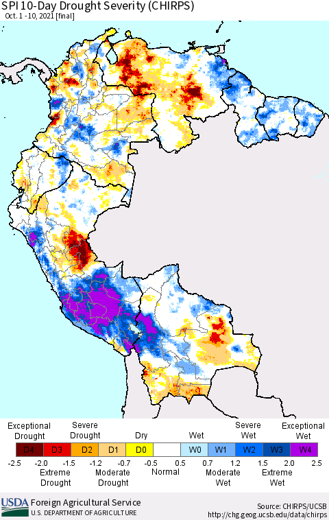 Northern South America SPI 10-Day Drought Severity (CHIRPS) Thematic Map For 10/1/2021 - 10/10/2021