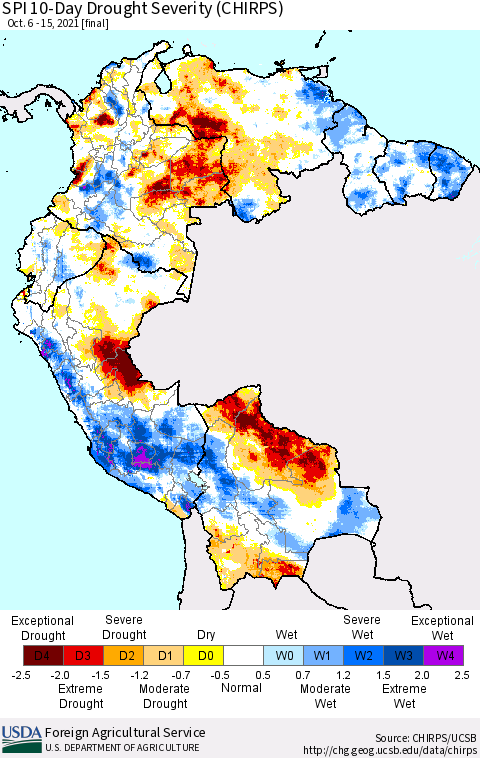 Northern South America SPI 10-Day Drought Severity (CHIRPS) Thematic Map For 10/6/2021 - 10/15/2021