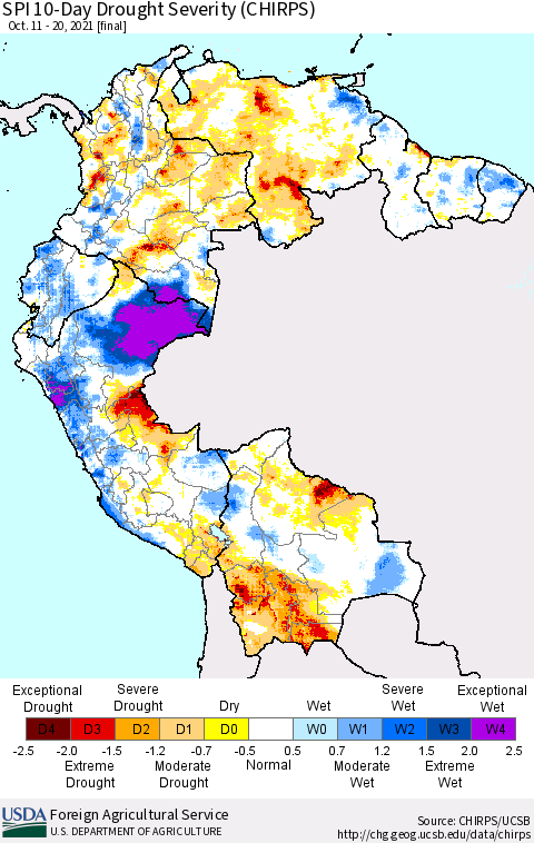 Northern South America SPI 10-Day Drought Severity (CHIRPS) Thematic Map For 10/11/2021 - 10/20/2021