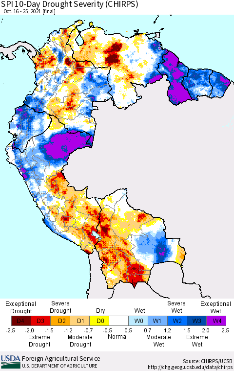 Northern South America SPI 10-Day Drought Severity (CHIRPS) Thematic Map For 10/16/2021 - 10/25/2021