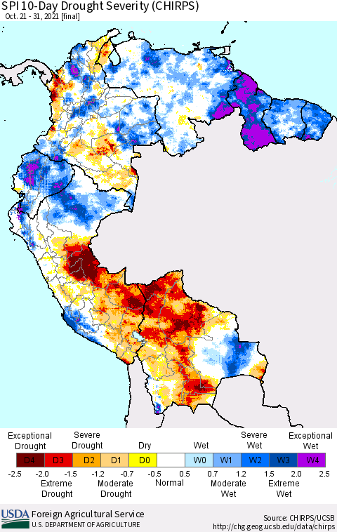 Northern South America SPI 10-Day Drought Severity (CHIRPS) Thematic Map For 10/21/2021 - 10/31/2021