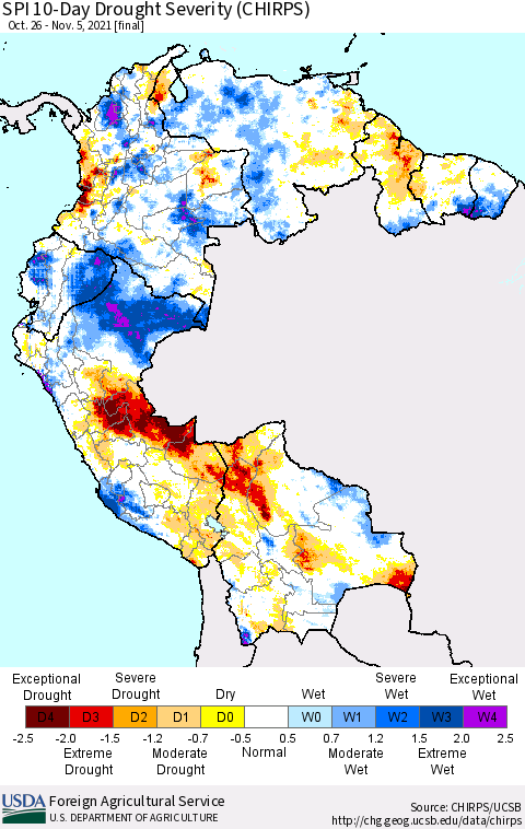 Northern South America SPI 10-Day Drought Severity (CHIRPS) Thematic Map For 10/26/2021 - 11/5/2021