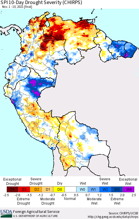 Northern South America SPI 10-Day Drought Severity (CHIRPS) Thematic Map For 11/1/2021 - 11/10/2021
