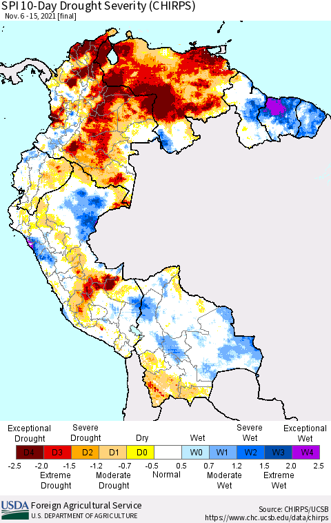 Northern South America SPI 10-Day Drought Severity (CHIRPS) Thematic Map For 11/6/2021 - 11/15/2021