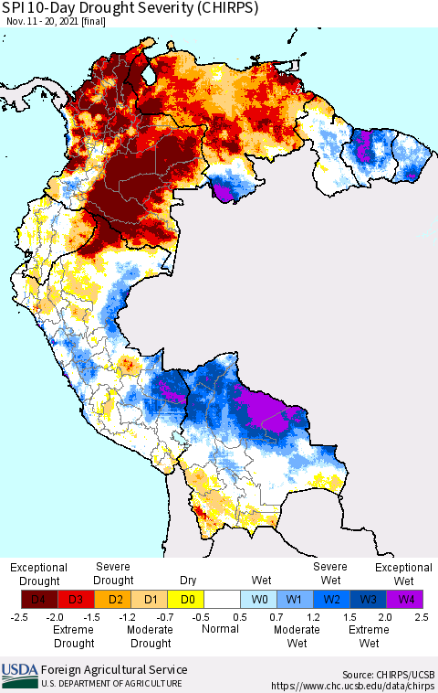 Northern South America SPI 10-Day Drought Severity (CHIRPS) Thematic Map For 11/11/2021 - 11/20/2021