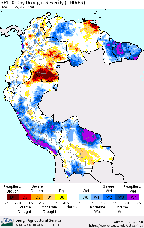 Northern South America SPI 10-Day Drought Severity (CHIRPS) Thematic Map For 11/16/2021 - 11/25/2021