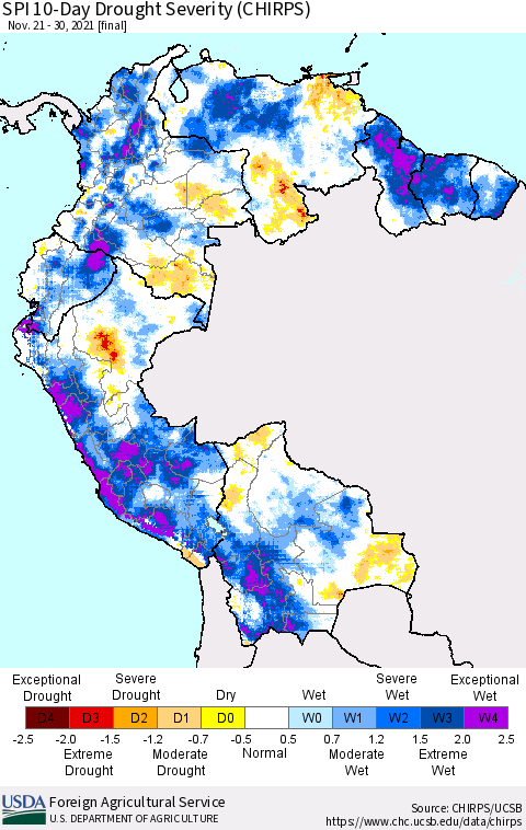Northern South America SPI 10-Day Drought Severity (CHIRPS) Thematic Map For 11/21/2021 - 11/30/2021