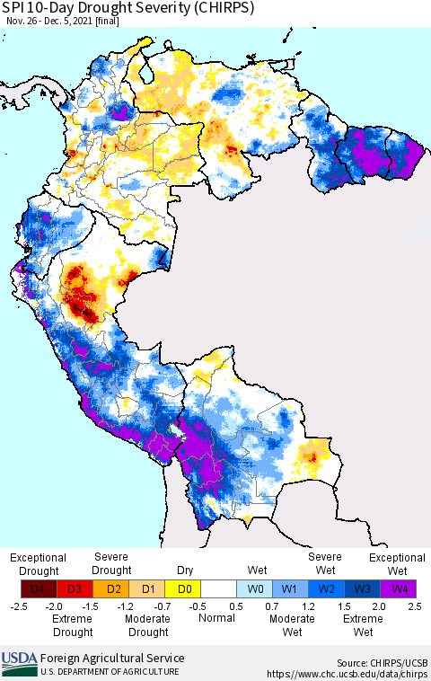 Northern South America SPI 10-Day Drought Severity (CHIRPS) Thematic Map For 11/26/2021 - 12/5/2021