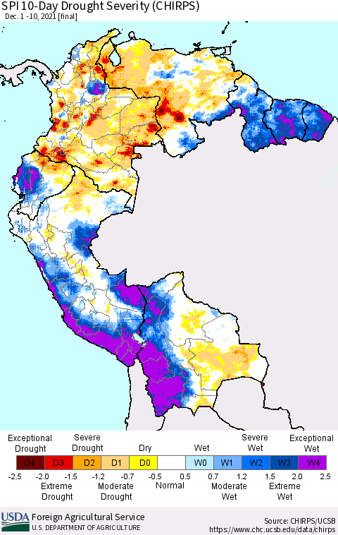 Northern South America SPI 10-Day Drought Severity (CHIRPS) Thematic Map For 12/1/2021 - 12/10/2021