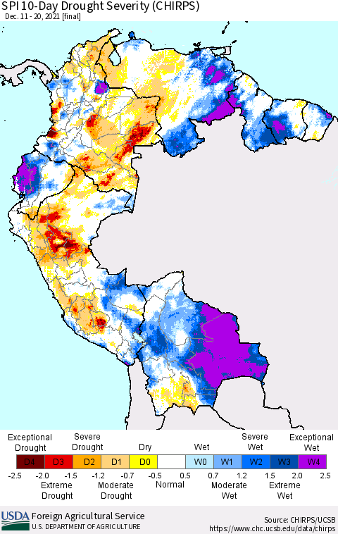Northern South America SPI 10-Day Drought Severity (CHIRPS) Thematic Map For 12/11/2021 - 12/20/2021
