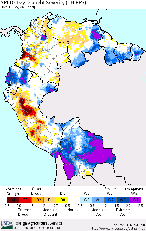 Northern South America SPI 10-Day Drought Severity (CHIRPS) Thematic Map For 12/16/2021 - 12/25/2021