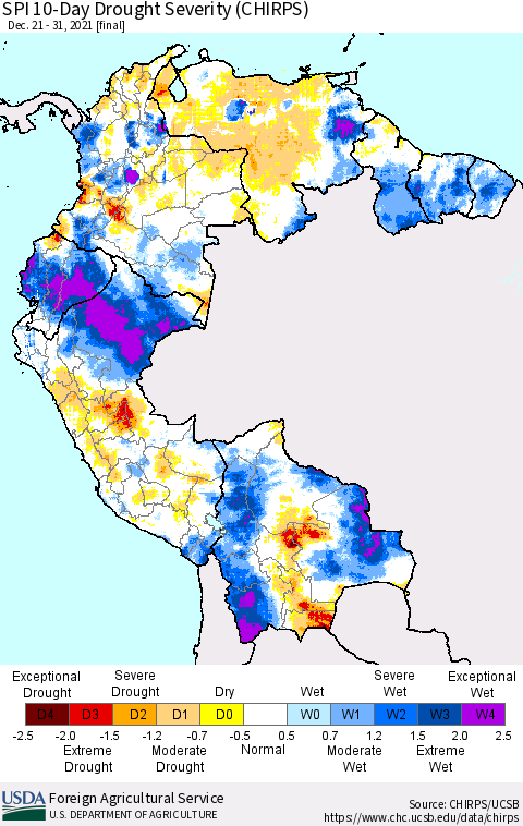 Northern South America SPI 10-Day Drought Severity (CHIRPS) Thematic Map For 12/21/2021 - 12/31/2021