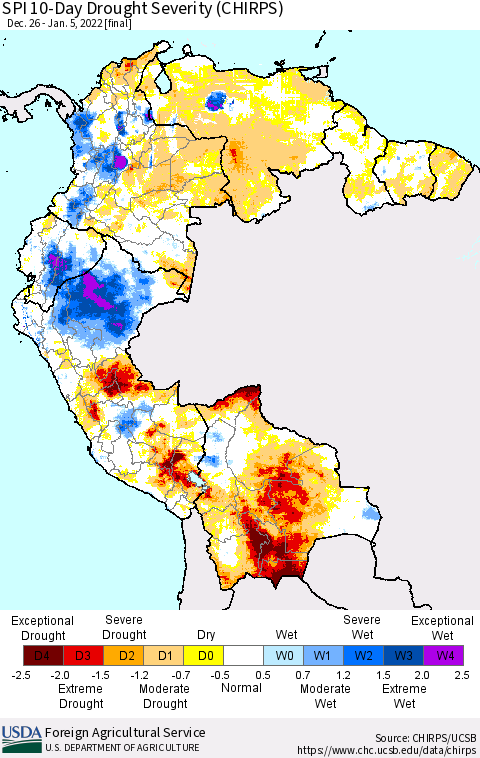 Northern South America SPI 10-Day Drought Severity (CHIRPS) Thematic Map For 12/26/2021 - 1/5/2022