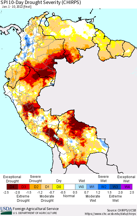 Northern South America SPI 10-Day Drought Severity (CHIRPS) Thematic Map For 1/1/2022 - 1/10/2022