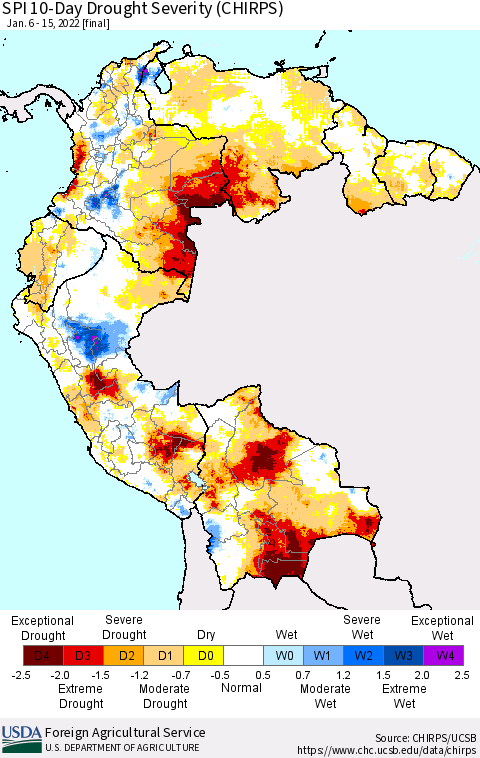 Northern South America SPI 10-Day Drought Severity (CHIRPS) Thematic Map For 1/6/2022 - 1/15/2022